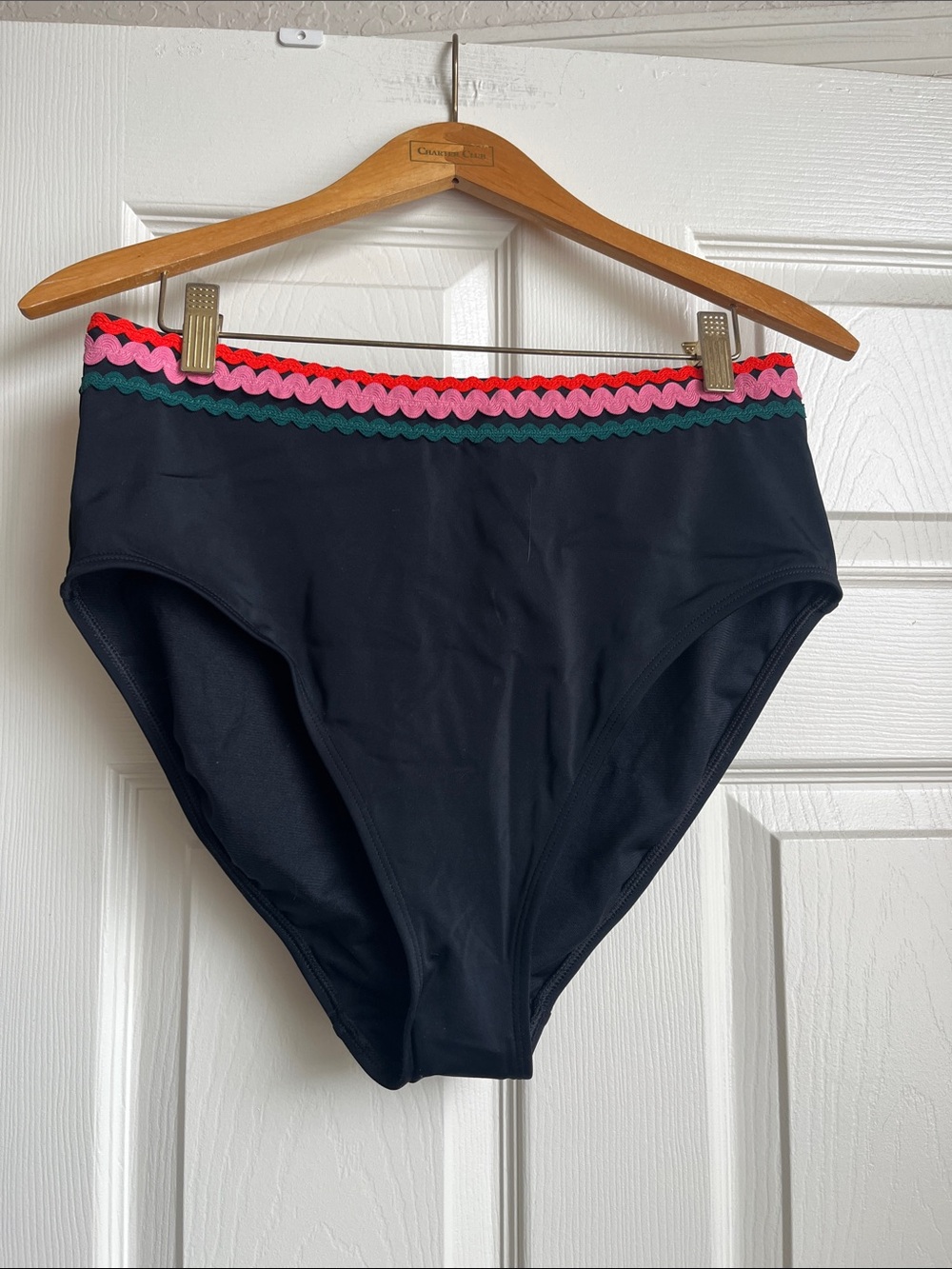 NWT Boden Black High-Waisted Bikini Bottom with Pink, Red & Green Trim